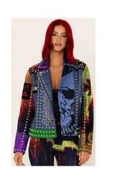 Multicolor Gothic Punk Jacket – Women’s Handmade Leather with Days N Daze, Acid Witch & Anti Cimex Patches, Custom Clubwear